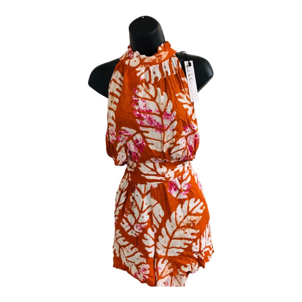 Nicole Miller brown white multi ruffled neck fitted belted tie dye romper sz M
